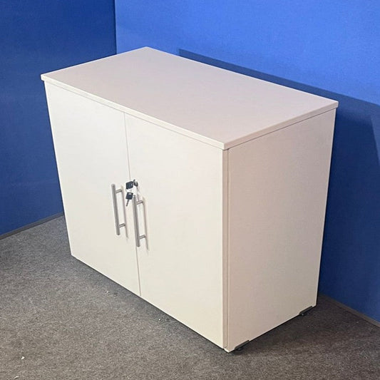 White cabinet with silver handles against a blue wall