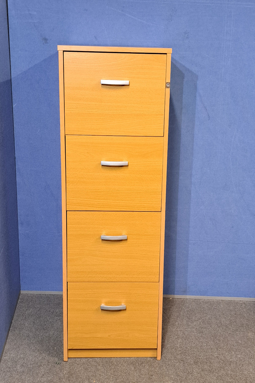 Beech filing cabinet on a blue a wall and grey carpet