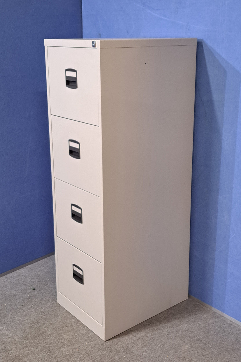 Grey filing cabinet on blue wall and grey carpet