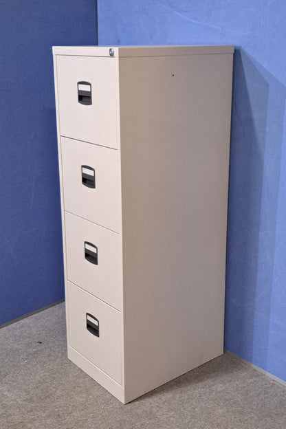 Grey filing cabinet on blue wall and grey carpet