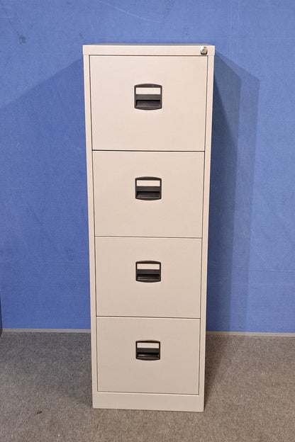 Grey filing cabinet on blue wall and grey carpet
