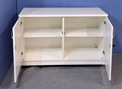 White cabinet with silver handles against a blue wall