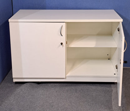 White cabinet with silver handles against a blue wall