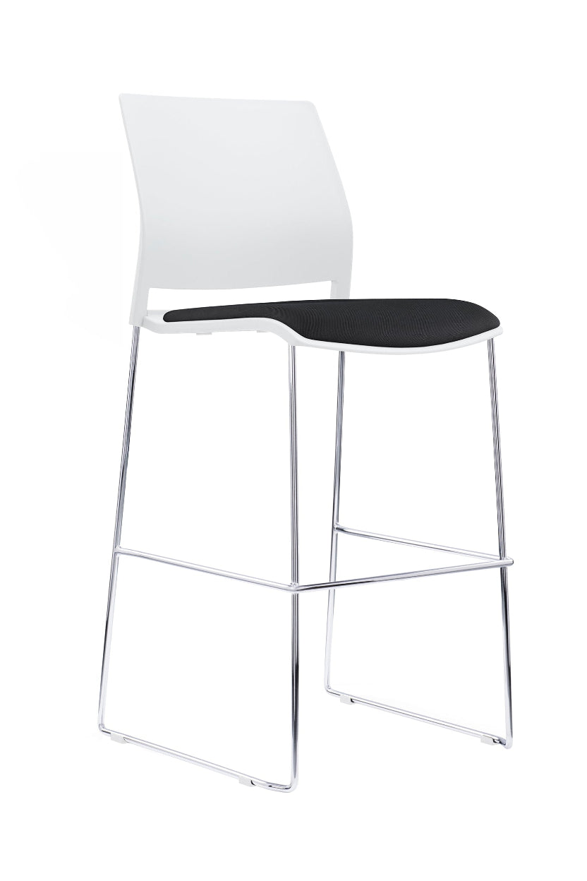Bar stool with white backrest and black seat on a white background