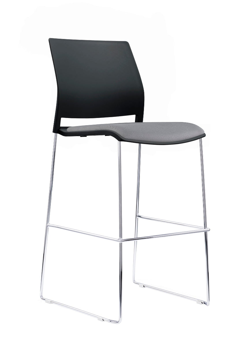 Modern black bar stool with white metal legs on a white background