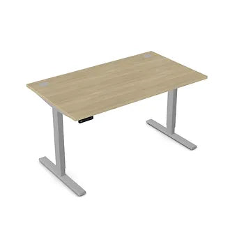 Zoom 1400mm Height Adjustable Electric Desk Oak Top with Portal Finish & Silver Metal Legs