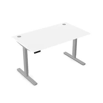 Zoom 1400mm Height Adjustable Electric Desk White Top with Portal Finish & Silver Metal Legs