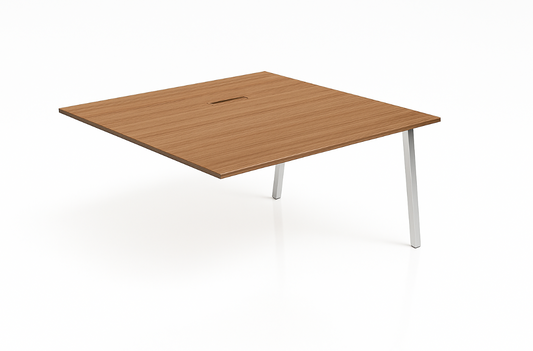 Wooden table with silver legs on a white background