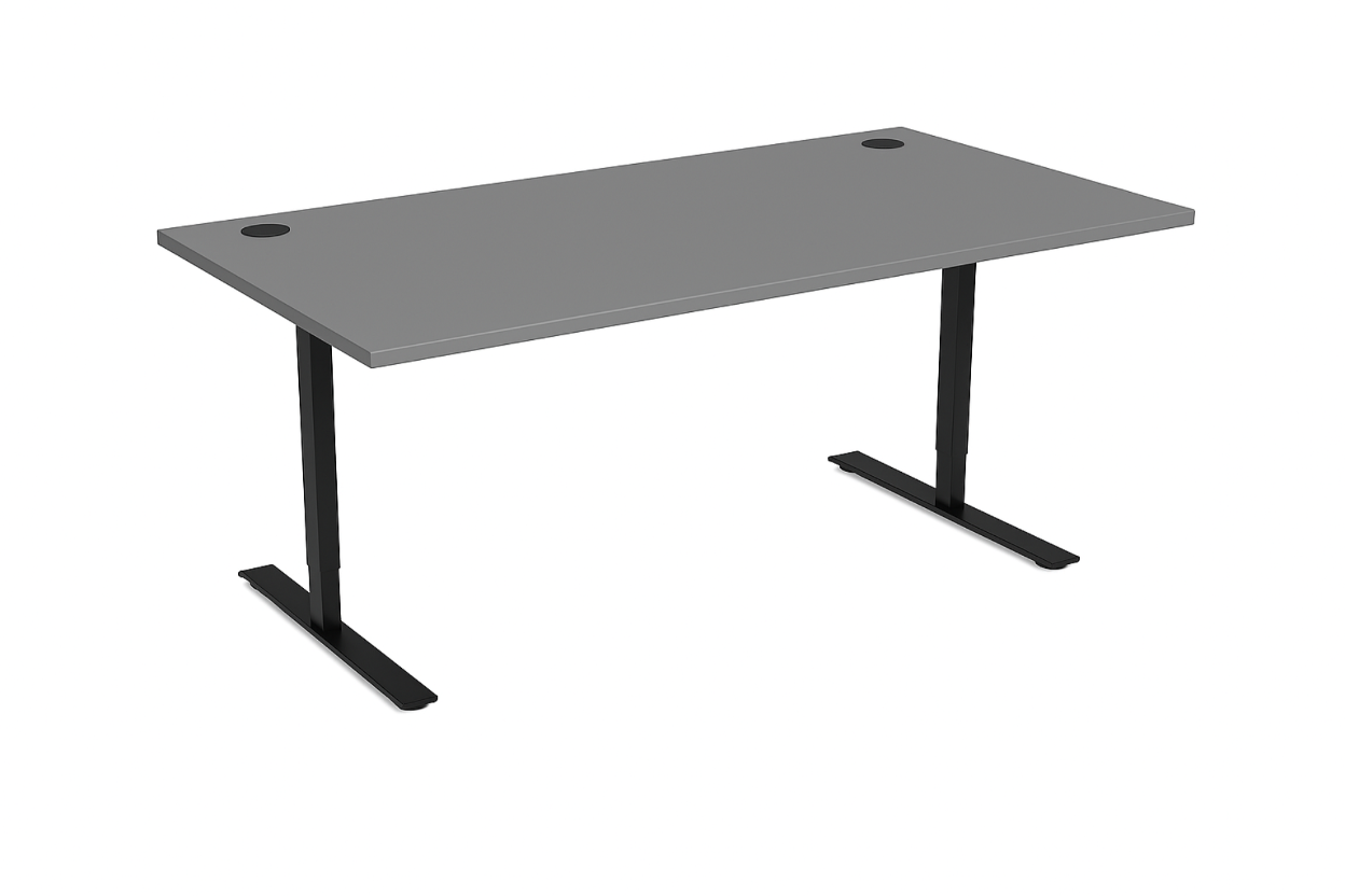 Gray desk with black legs on a white background