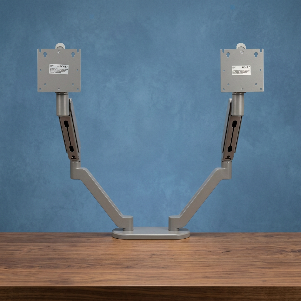 Monitor arms on a walnut desk with a subtly textured blue background