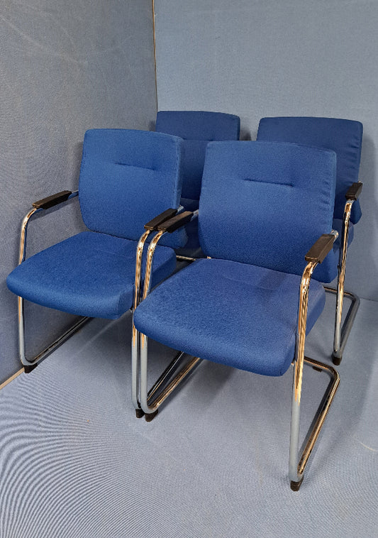 Set of 4 Medium Back Meeting Armchair Cantilever Chrome Frame Blue (used)
