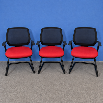 Set of 3 Mesh Back Visitor / Meeting Armchairs on Black Cantilever Frame - Red / Black (Used)