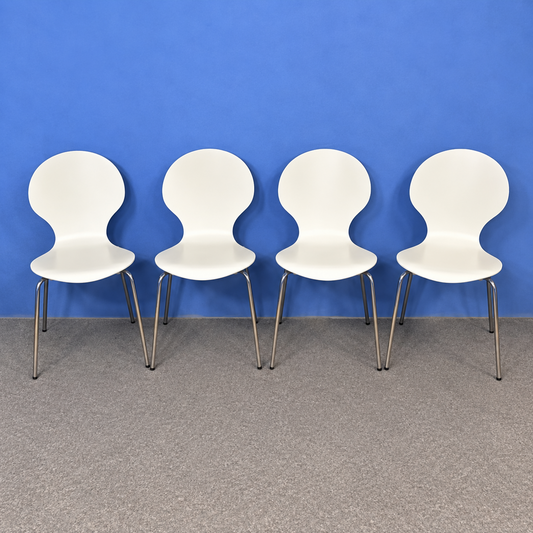 Set of 4 White Rounded Back Canteen / Dining Chairs – Silver Frame (Used)