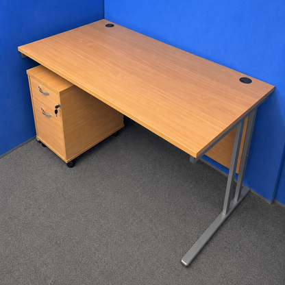 1600x800mm Straight Desk inc 2 Drawer Mobile Pedestal in Beech (used)
