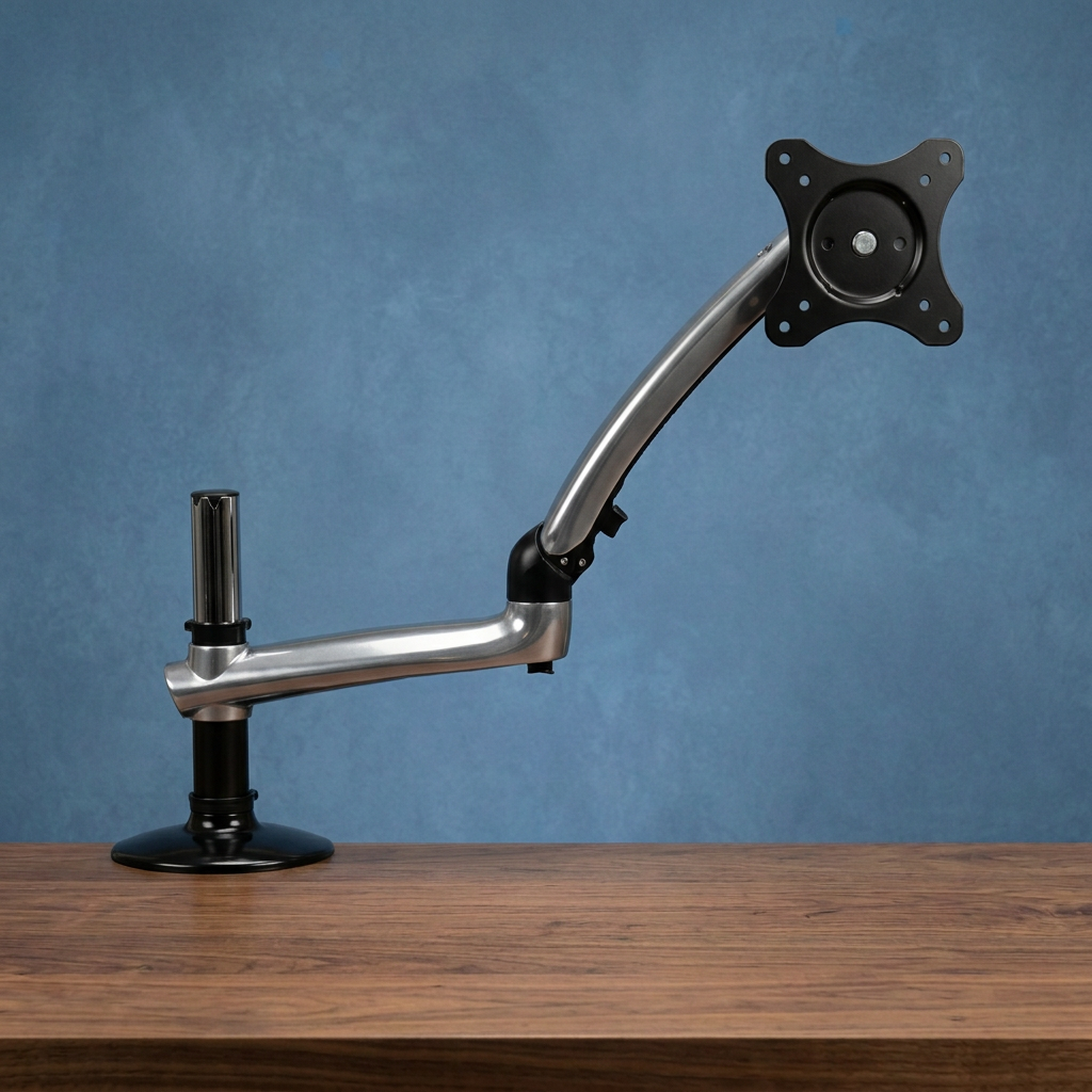 PO6837 extended view with textured blue background and walnut desktop