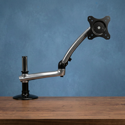 PO6837 extended view with textured blue background and walnut desktop