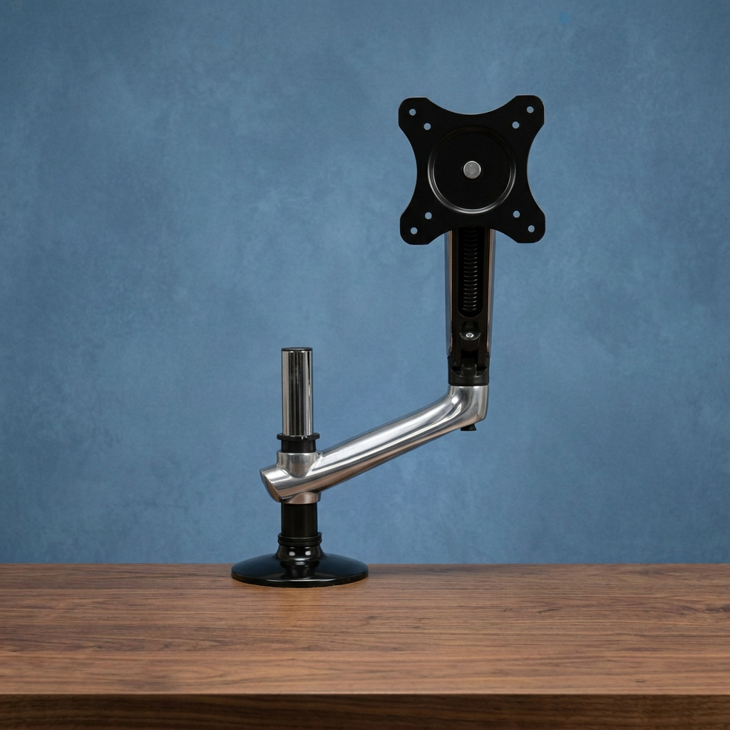 PO6837 upright view with textured blue background and walnut desktop