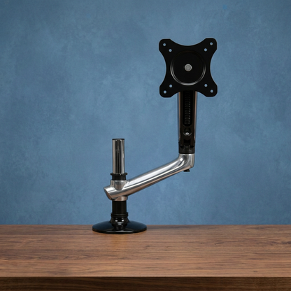 PO6837 upright view with textured blue background and walnut desktop