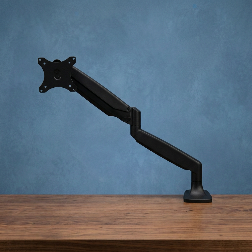 PO6838 extended view with textured blue background and walnut desktop