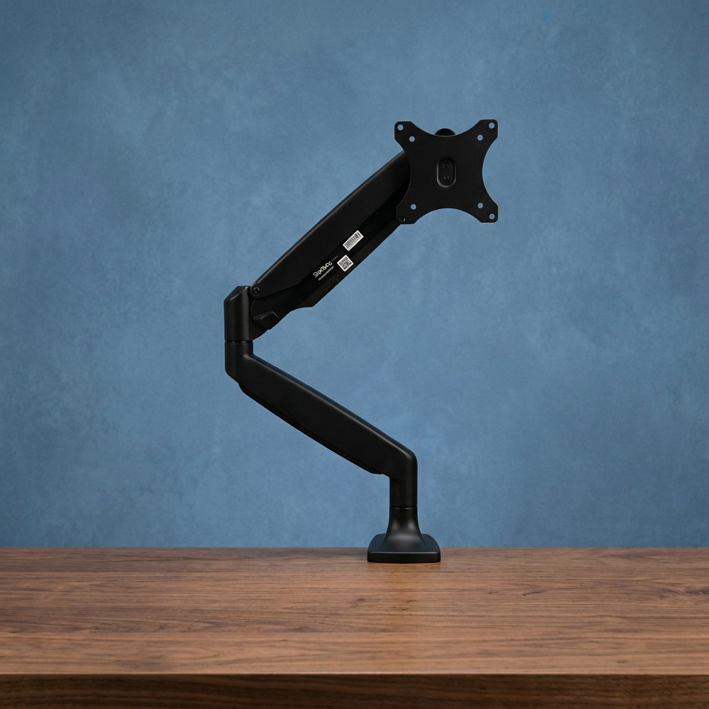PO6838 upright view with textured blue background and walnut desktop