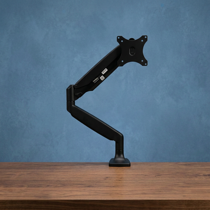 PO6838 upright view with textured blue background and walnut desktop