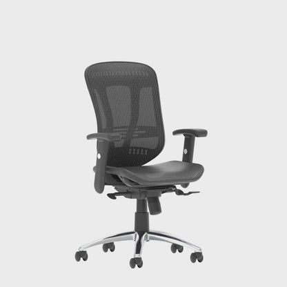 Black office chair with mesh back on a white background