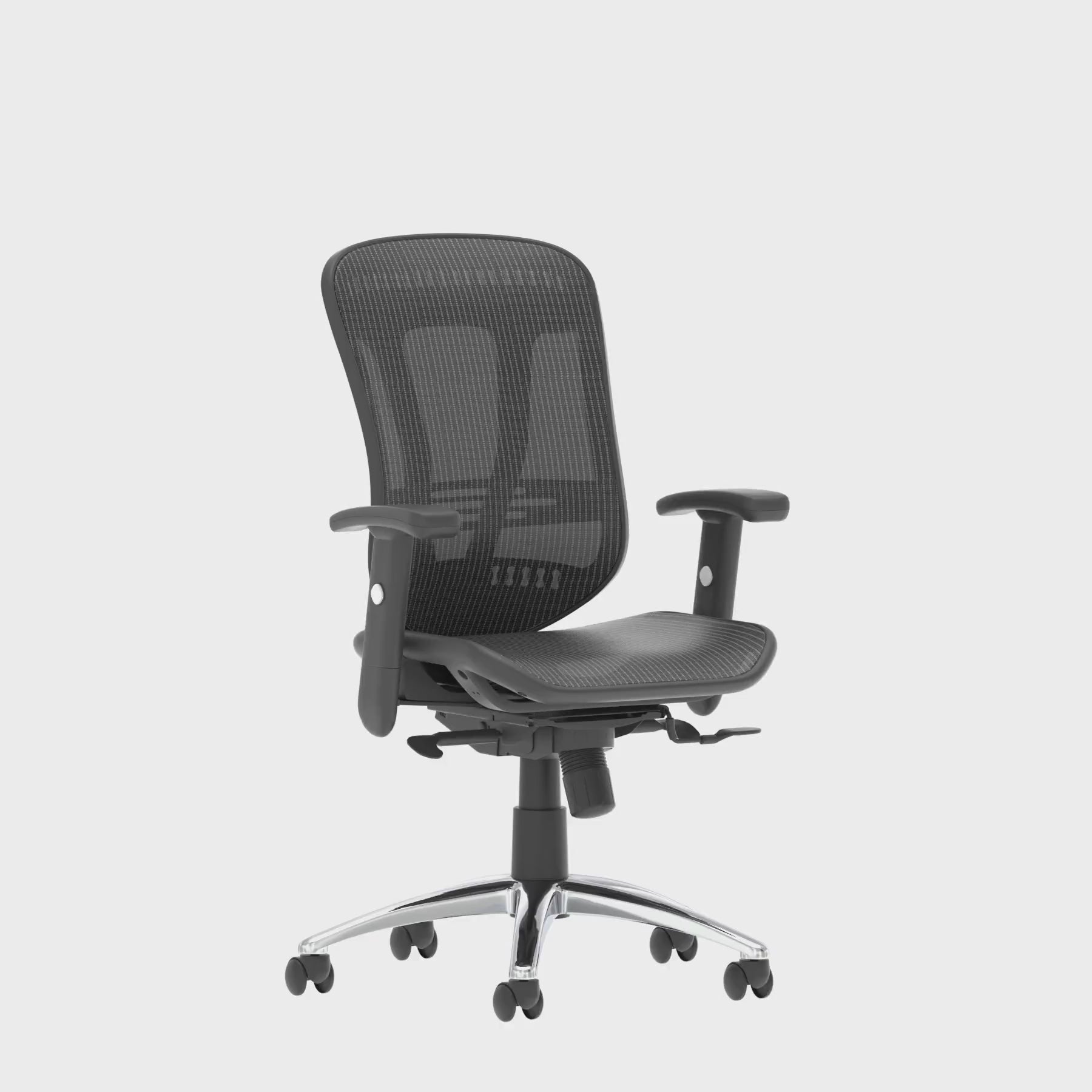 Black office chair with mesh back on a white background