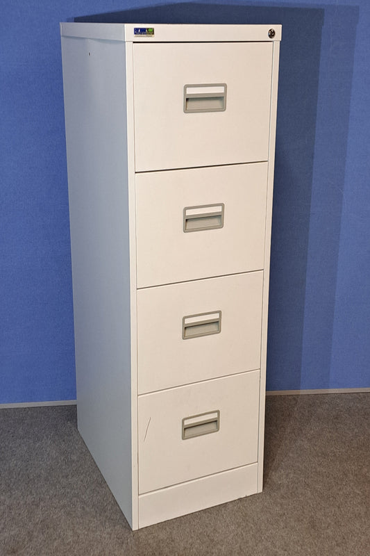 White storage cabinet with four doors on a blue and gray floor.