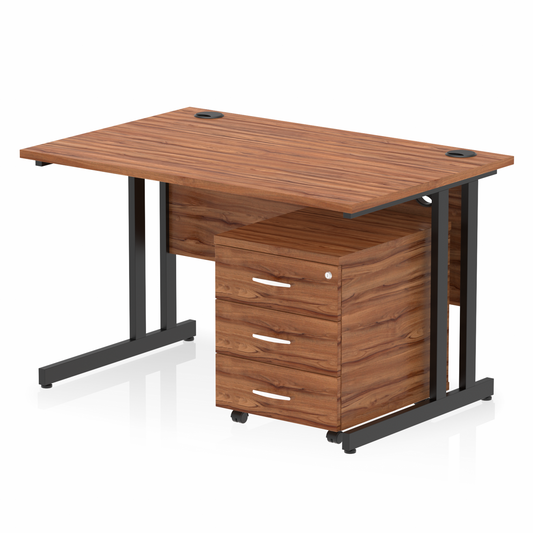 1200mm Straight Desk Walnut Top Black Cantilever Legs & 3 Drawer Ped D.F.