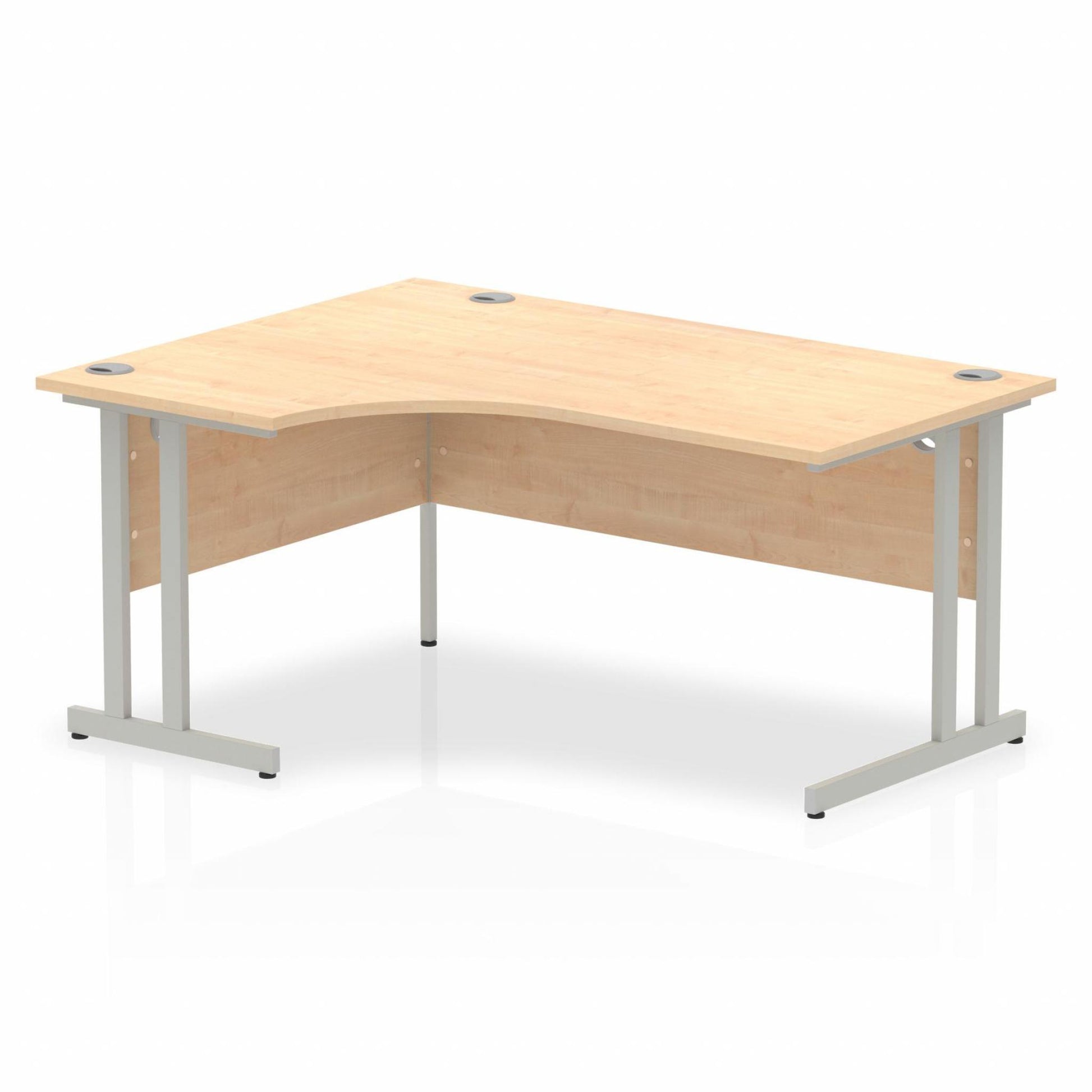 Maple L-shaped desk with drawers on a white background