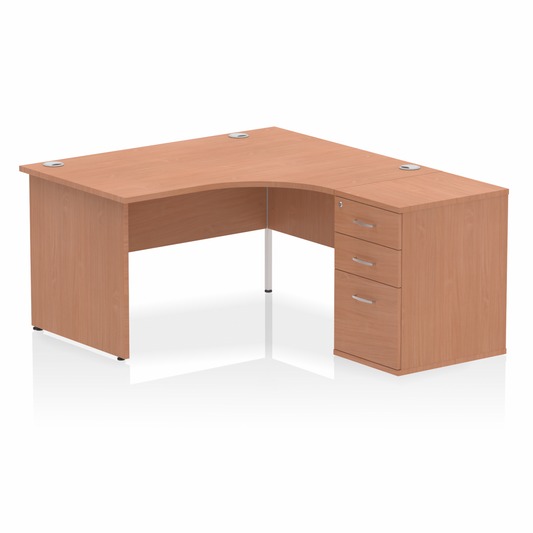 Impulse 1400mm Right Hand Curved Desk Beech, Wooden Panel Legs inc 3 Drawer Desk High Pedestal Ref I000593 OE