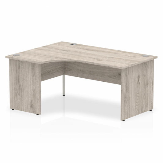 Impulse 1600mm Left Hand Curved Desk, Grey Oak Top with Wooden Panel Legs