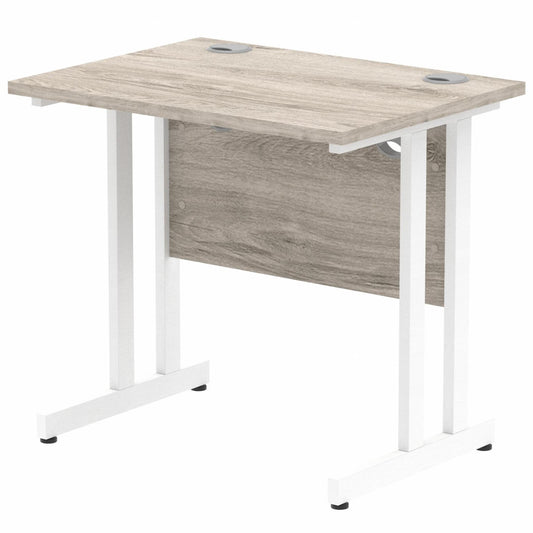Impulse 800x600mm Straight Desk, Grey Oak Top with White Cantilever Legs