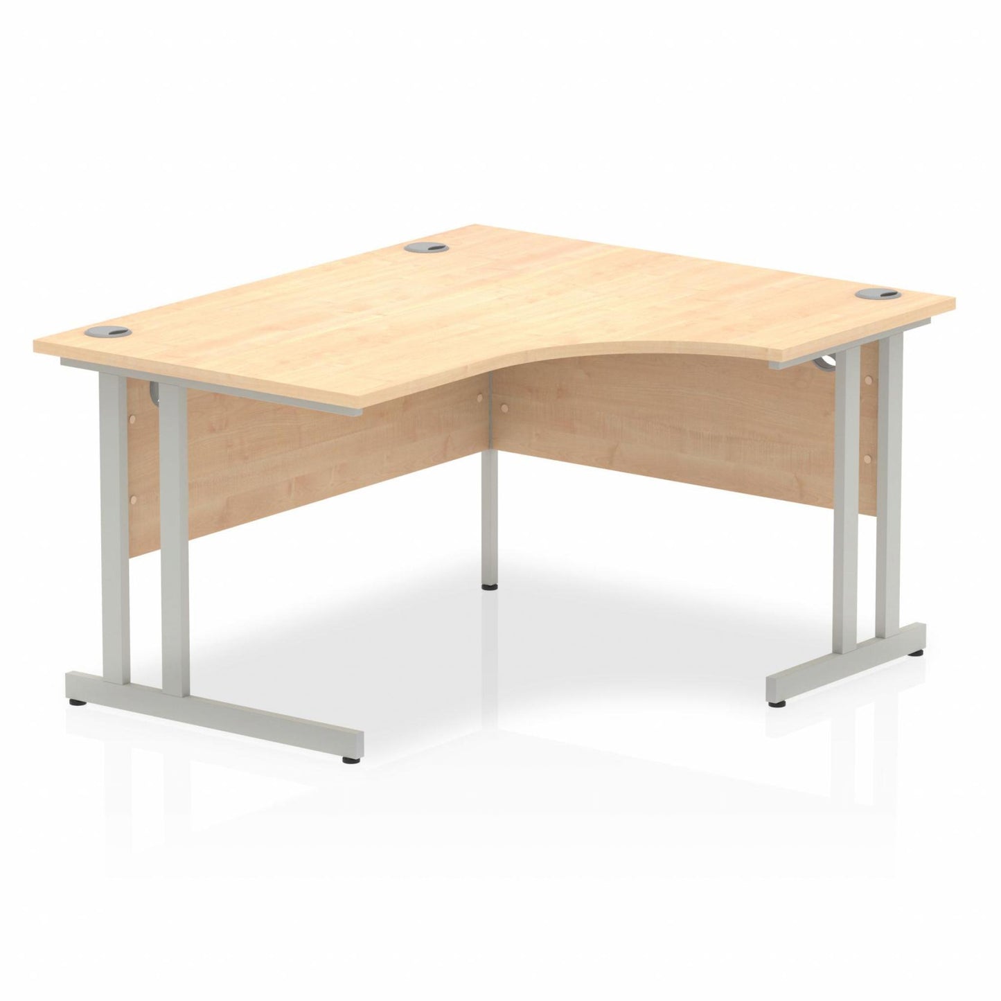 Maple L-shaped desk with drawers on a white background