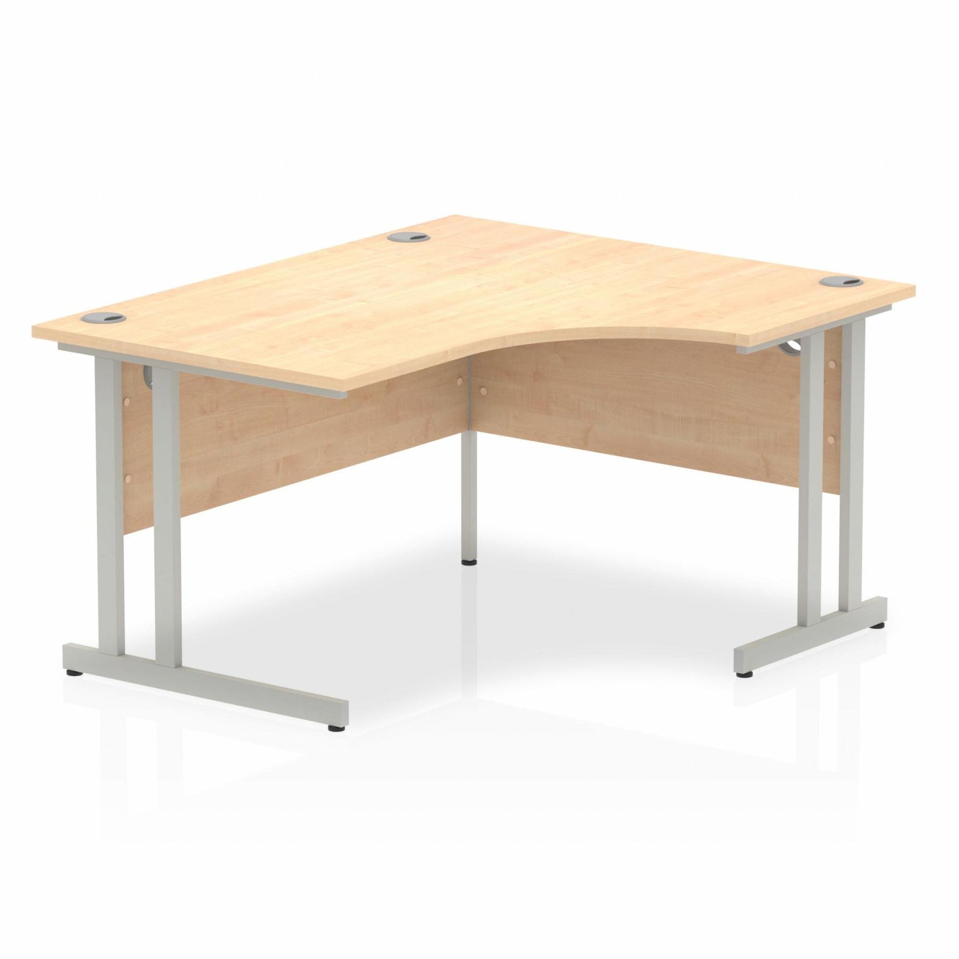Maple L-shaped desk with drawers on a white background