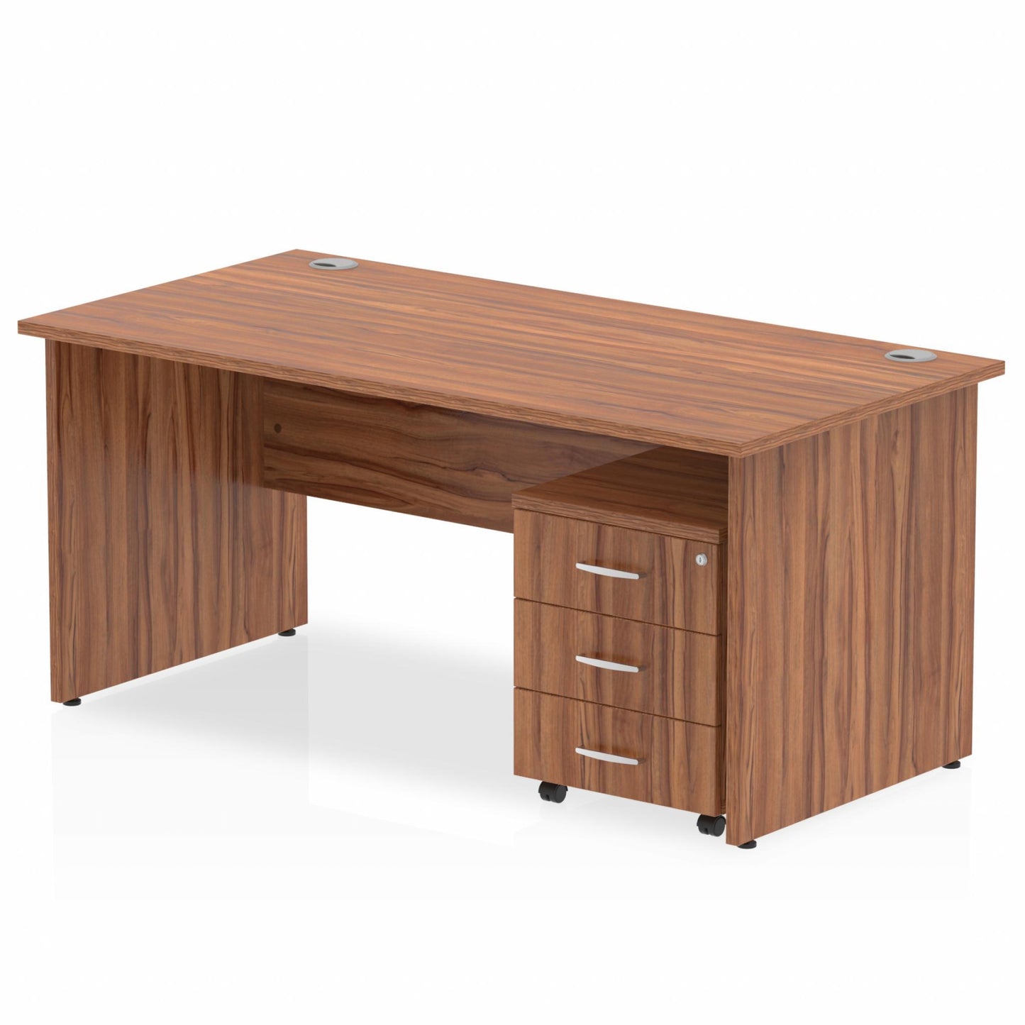Walnut straight desk with drawers on a white background