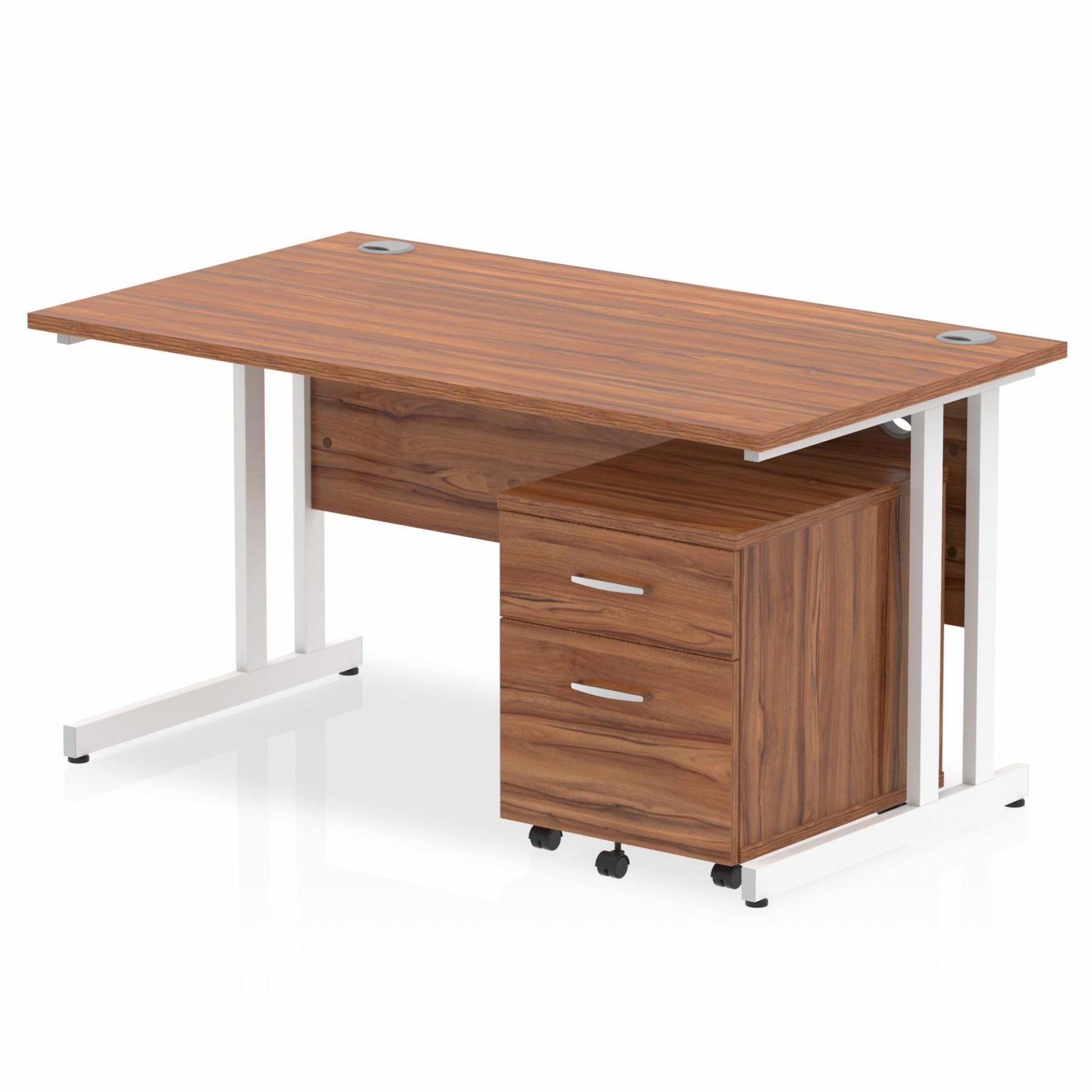 Walnut straight desk with drawers on a white background