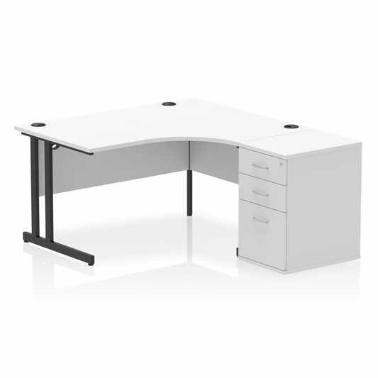 Impulse 1400mm Right Hand Curved Desk White, Black Cantilver Legs inc 3 Drawer Desk High Pedestal Ref I004462 OE