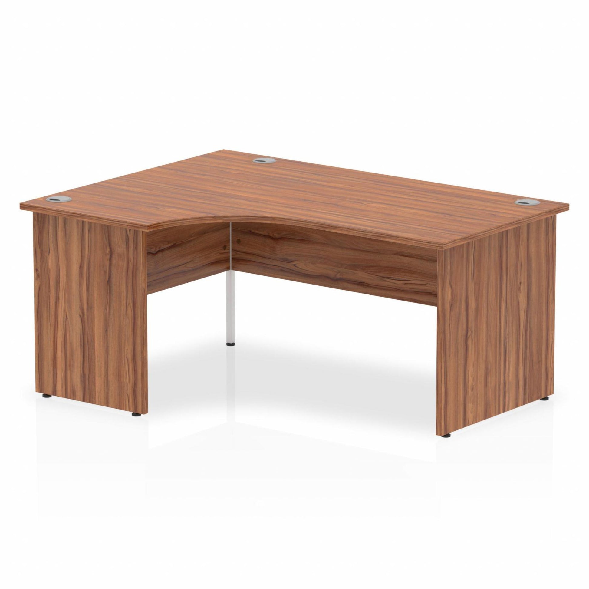 Walnut L-shaped desk with drawers on a white background