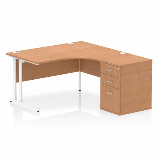 Impulse 1400mm Right Hand Curved Desk Oak, White Cantilver Legs inc 3 Drawer Desk High Pedestal Ref I004260 OE