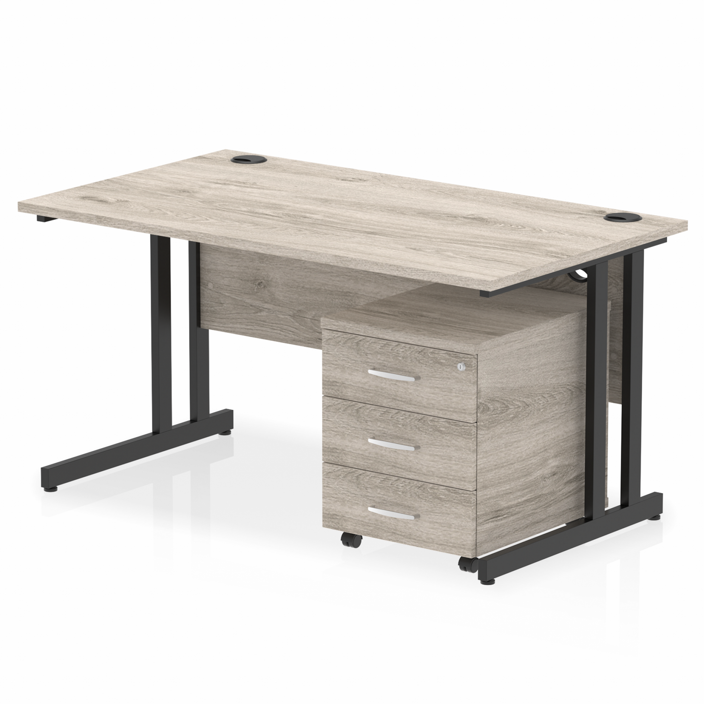 1400mm Straight Desk Grey Oak Top Black Cantilever Legs & 3 Drawer Ped D.F.