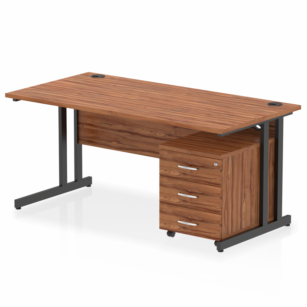 Walnut straight desk with drawers on a white background