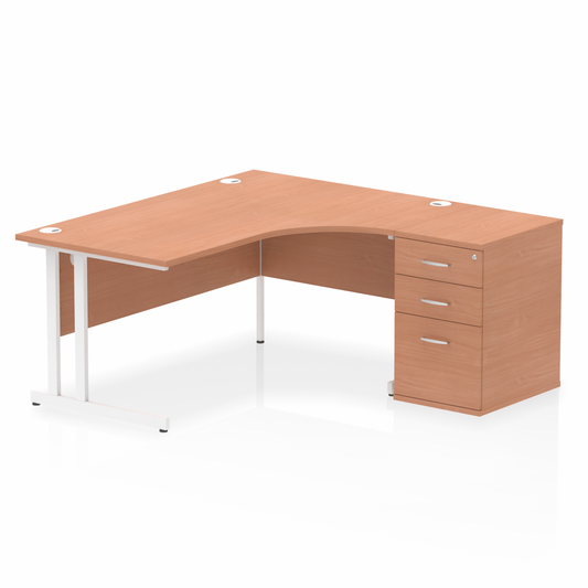 Impulse 1600mm Right Hand Curved Desk Beech, White Cantilver Legs inc 3 Drawer Desk High Pedestal Ref I004094 OE