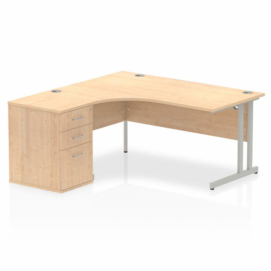 Impulse 1600mm Left Hand Curved Desk, Maple Top with Silver Cantilver Legs inc 3 Drawer Desk, High Pedestal