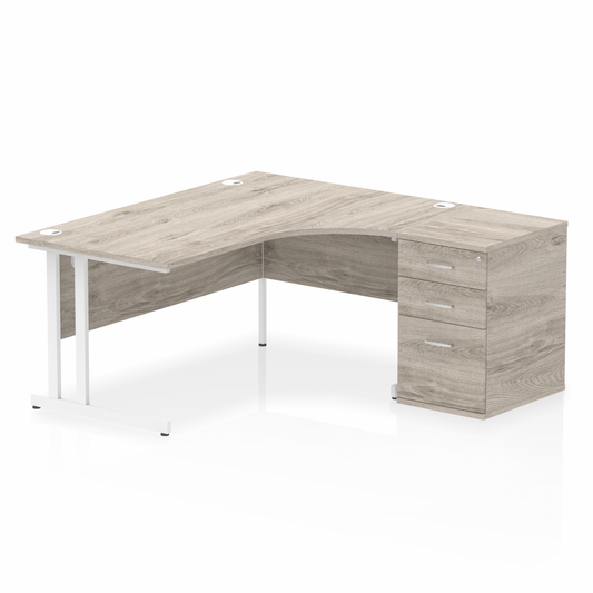 Impulse 1600mm Right Hand Curved Desk Grey, White Cantilver Legs inc 3 Drawer Desk High Pedestal Ref I004098 OE