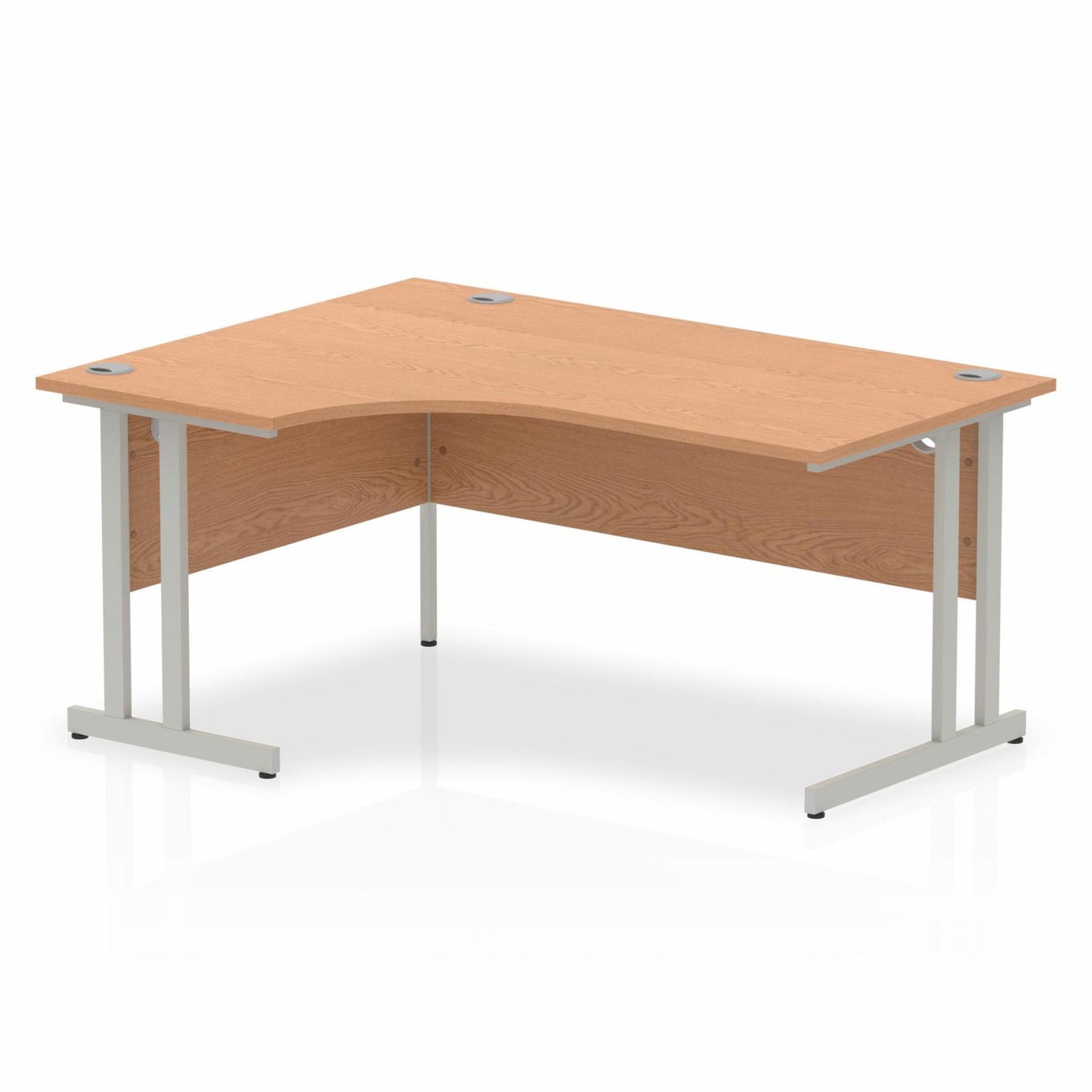 Oak L-shaped desk with drawers on a white background