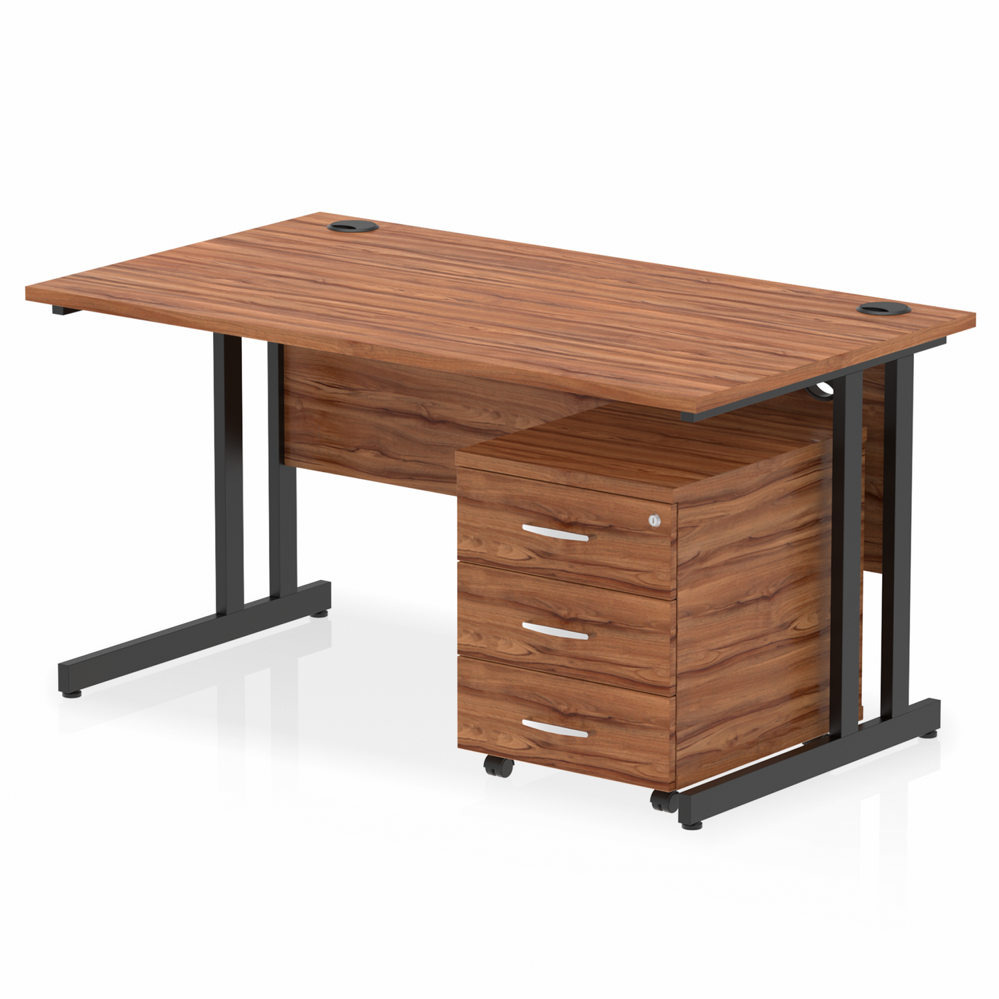 1400mm Straight Desk Walnut Top Black Cantilever Legs & 3 Drawer Ped D.F.