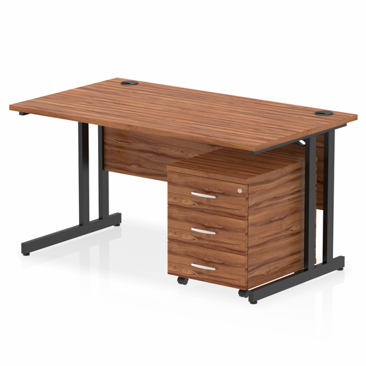 1400mm Straight Desk Walnut Top Black Cantilever Legs & 3 Drawer Ped D.F.