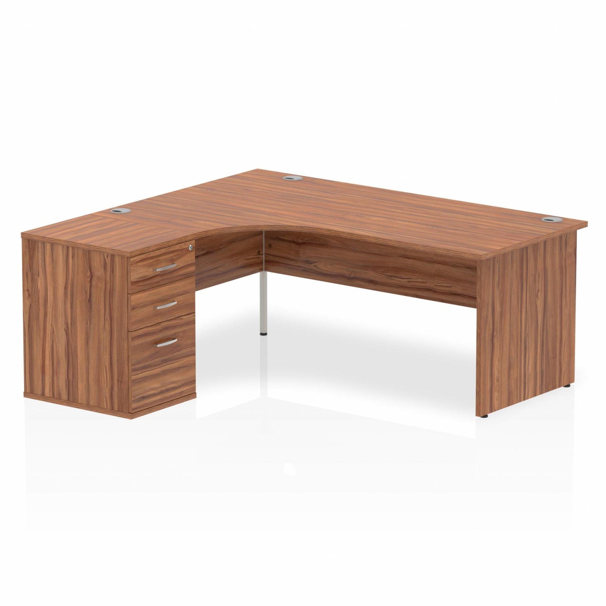 Walnut L-shaped desk with drawers on a white background