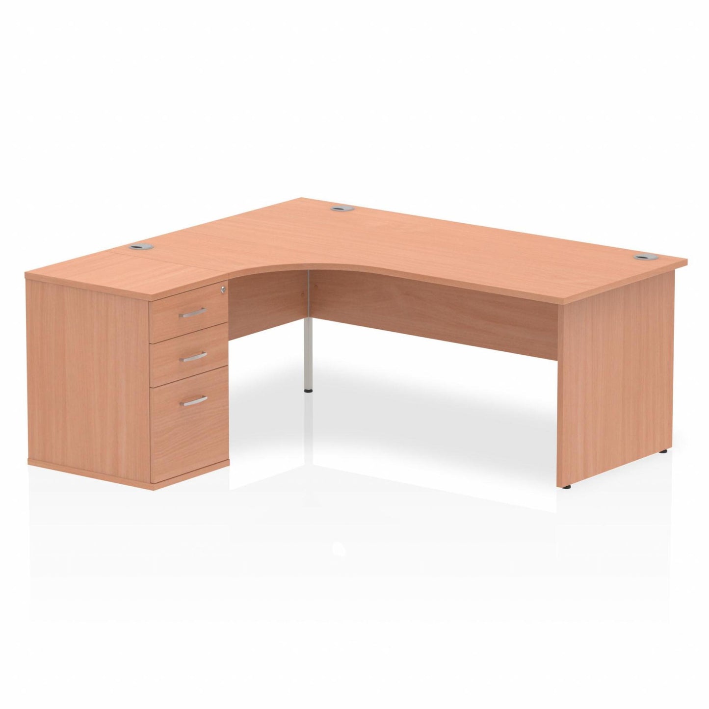 Beech L-shaped desk with drawers on a white background